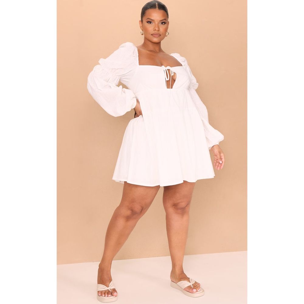 prettylittlething 12 WHITE COTTON TIERED SHIFT DRESS